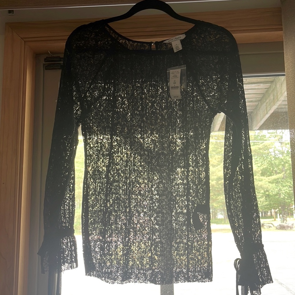 White House Black Market Black Lace Long-Sleeve Sheer Blouse